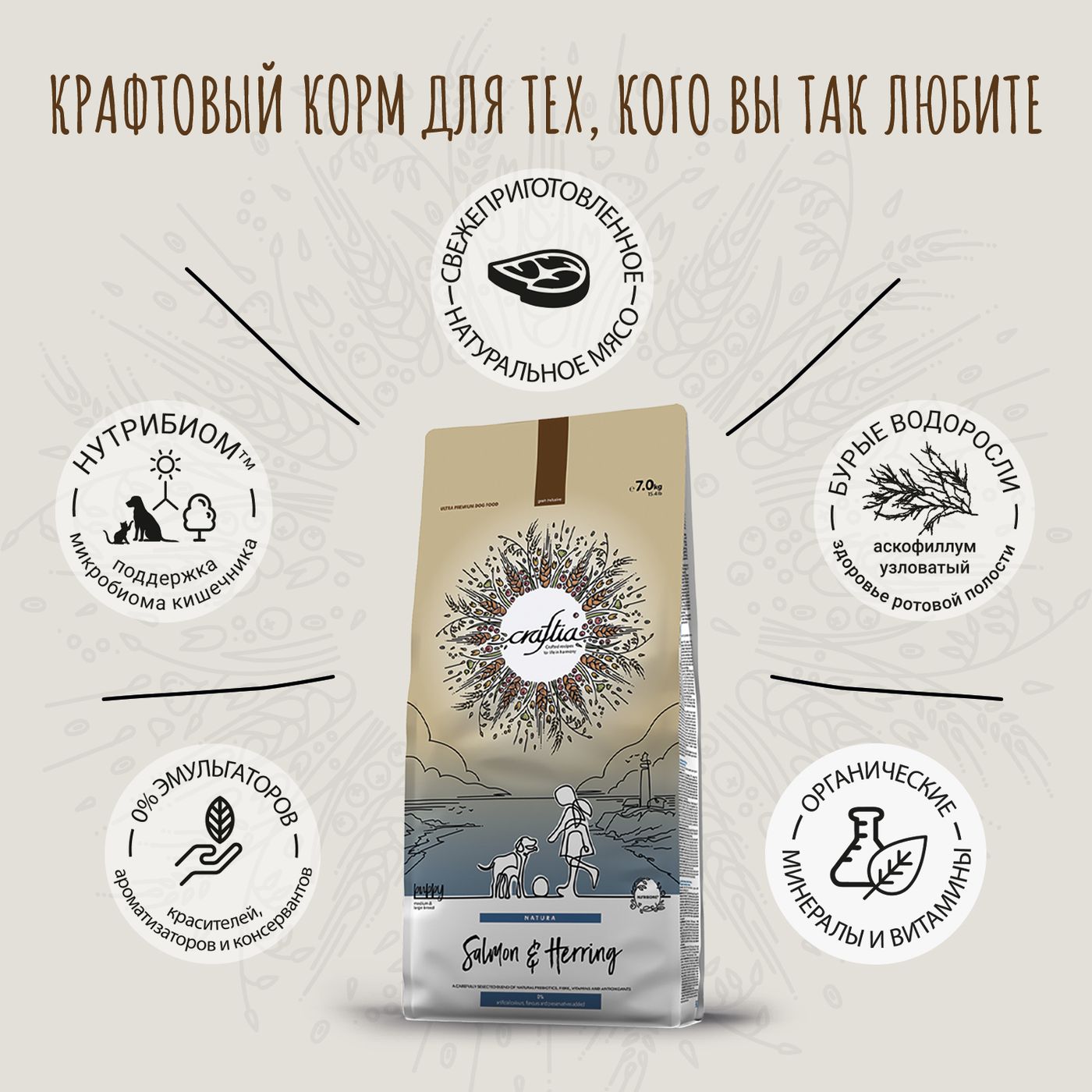 Сухой корм CRAFTIA NATURA для щенков средних и крупных пород из лосося и сельди 7 кг — фото 3