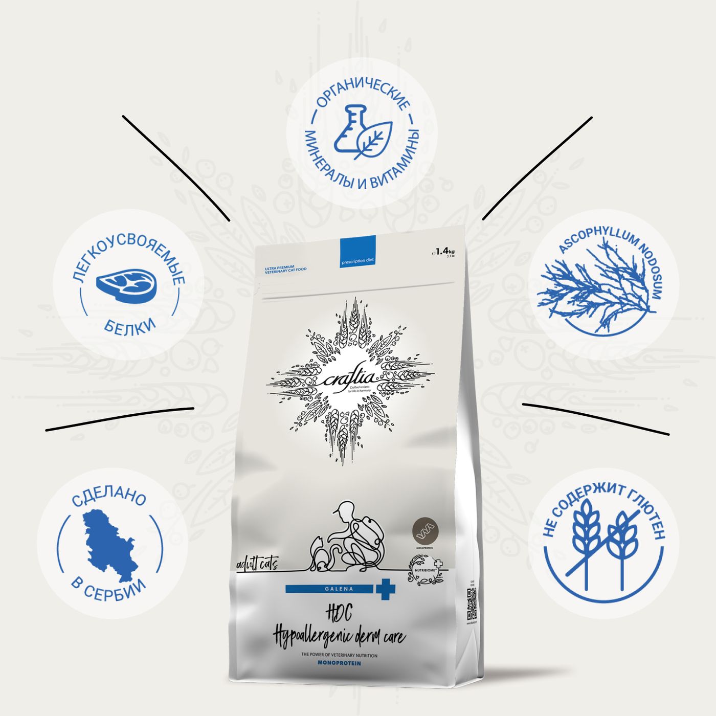 Ветеринарная диета CRAFTIA GALENA CAT HYPOALLERGENIC DERM CARE Гипоаллердженик Дерм для кошек при пищевой аллергии и заболеваниях кожи 1,4 кг — фото 4