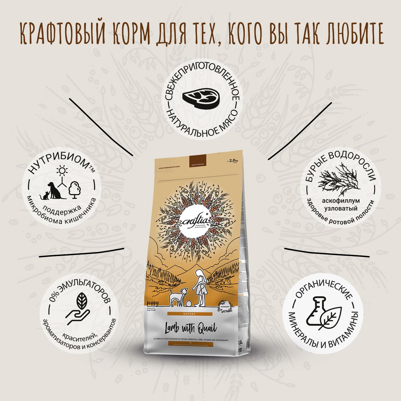 Сухой корм CRAFTIA NATURA для щенков средних и крупных пород из ягненка с перепелкой 2 кг — фото 4
