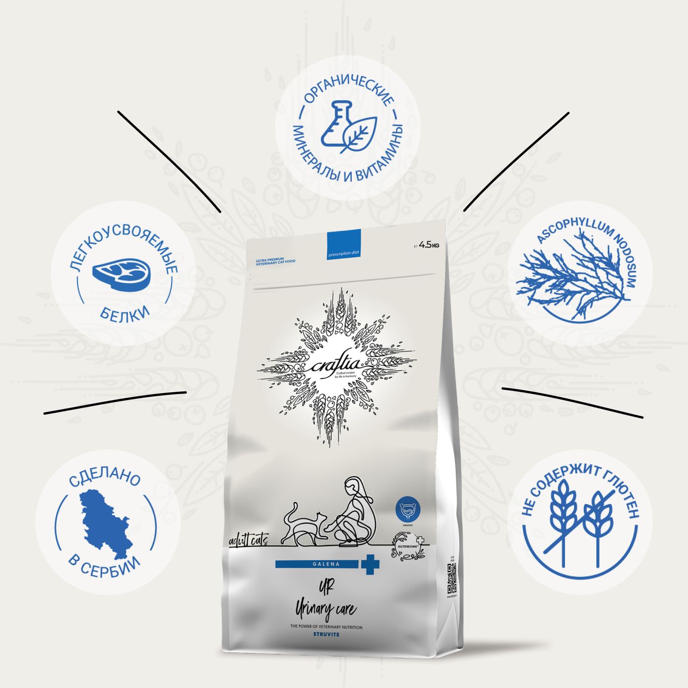 Ветеринарная диета CRAFTIA GALENA CAT URINARY CARE Уринари для кошек для растворения струвитных камней 4,5 кг — фото 5