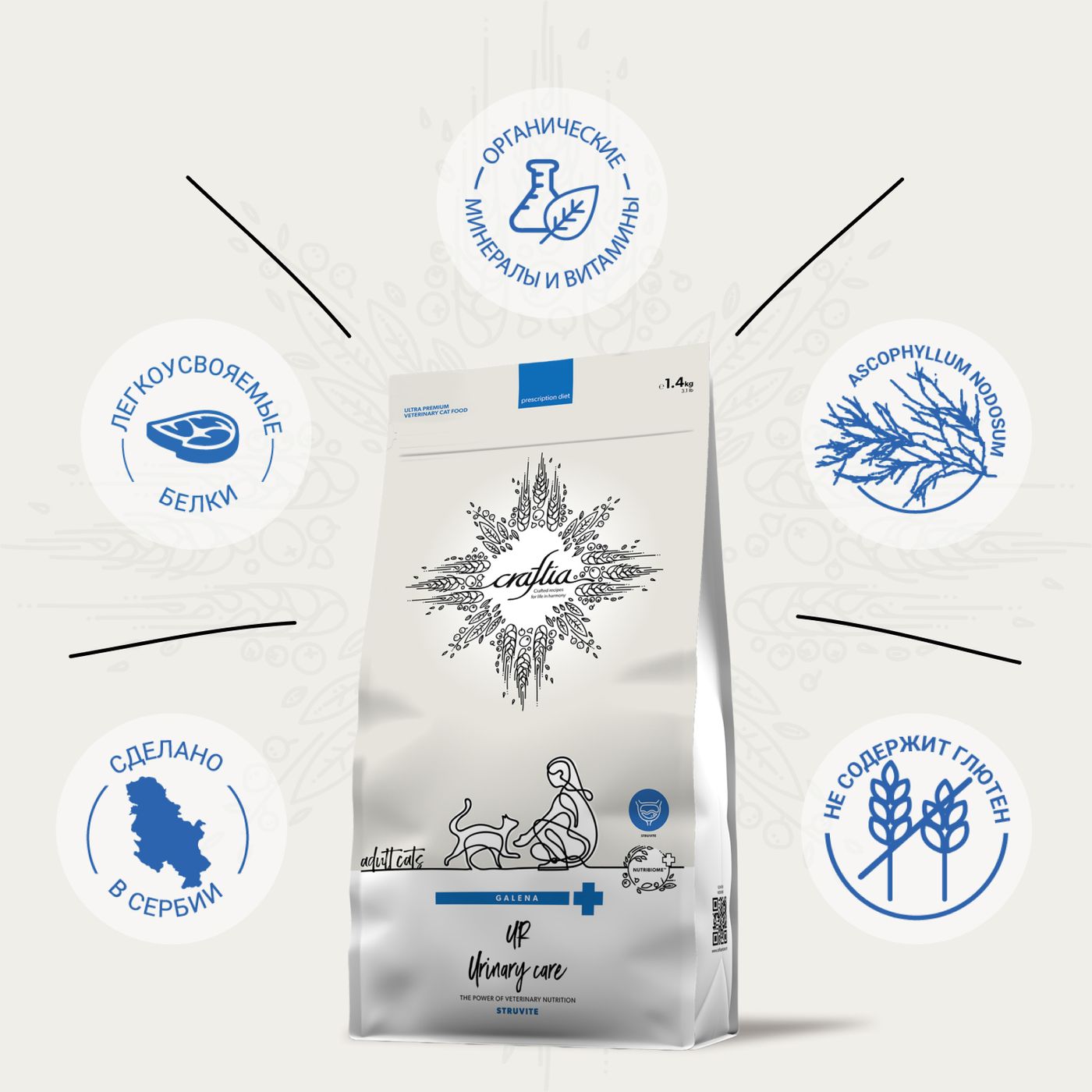 Ветеринарная диета CRAFTIA GALENA CAT URINARY CARE Уринари для кошек для растворения струвитных камней 1,4 кг — фото 5