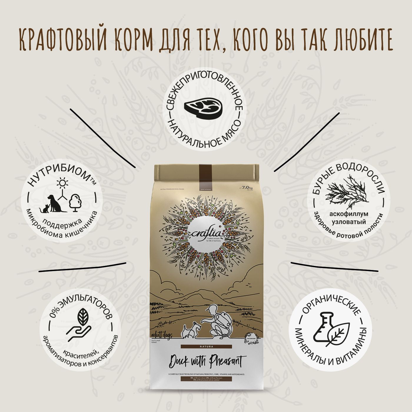 Сухой корм CRAFTIA NATURA для взрослых собак миниатюрных и мелких пород из утки с фазаном 7 кг — фото 4