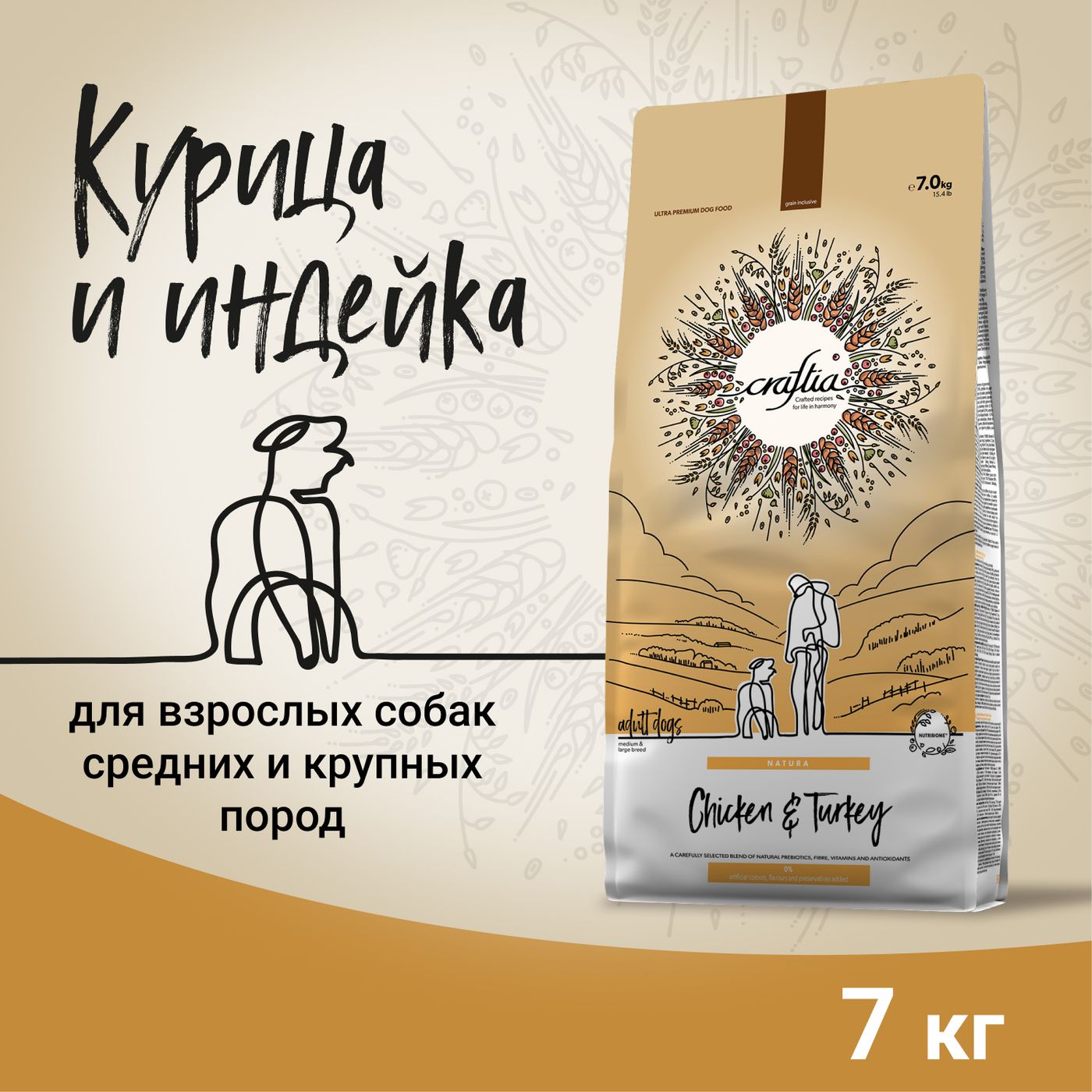 Сухой корм CRAFTIA NATURA для взрослых собак средних и крупных пород из курицы и индейки 7 кг — фото 2