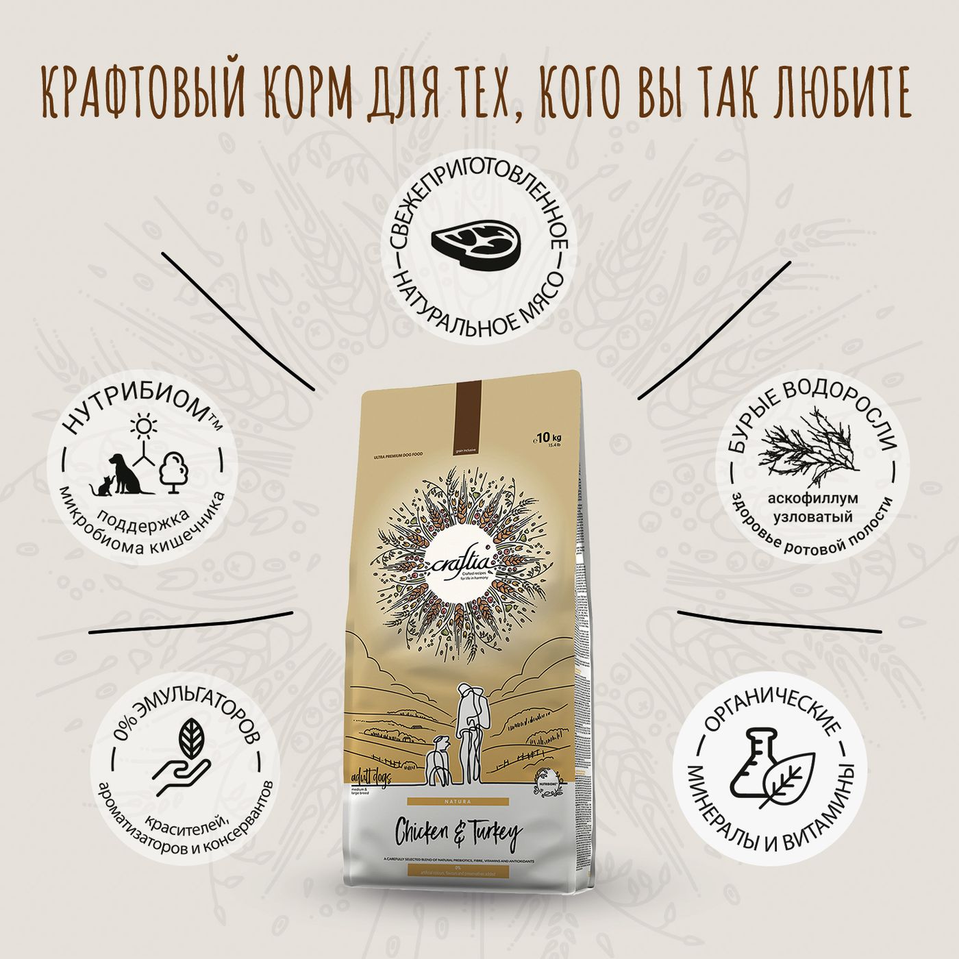 Сухой корм CRAFTIA NATURA для взрослых собак средних и крупных пород из курицы и индейки 10 кг — фото 3